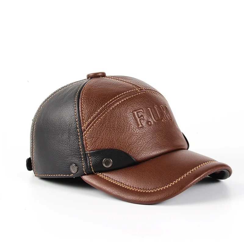 2021 new Winter spring  Warm Men Hat Genuine Leather Cowhide Caps 3 Sizes with cotton Earmuffs outdoor genuine leather baseball