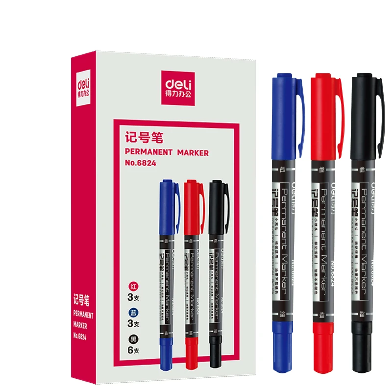 Deli Marker Pen Black Double Tip Design Waterproof Thick Oily Hook Line Pen Marker Pen School Office Stationery Supply