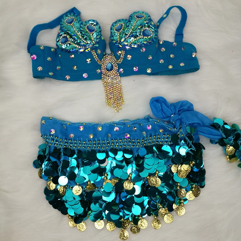 New Samba Belly Dance Costume Hand Beaded Sequins Turquoise & Red Color Top Bra and Hip Scarf Belt 2PCS/SET Outfit Dancer Wear