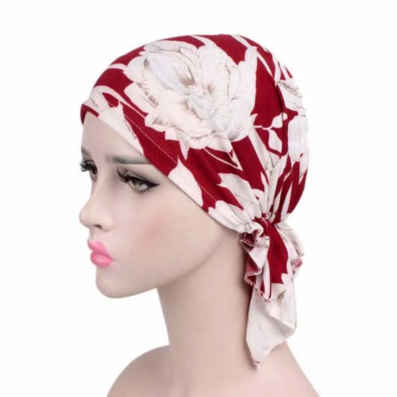 New Stretch Cotton Printing CHEMO CAP Pre-tie style Spring Summer Brand Skullies Beanies Women Turban Chemotherapy Cap