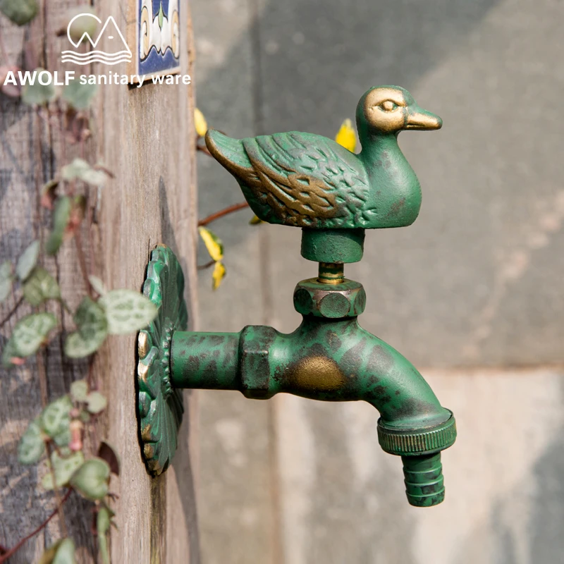 Animal Shape Garden Faucet Duck Art Antique Countryside outdoor Faucet Brass Washing Machine Wall Mounted Cold Water Tap AF6137