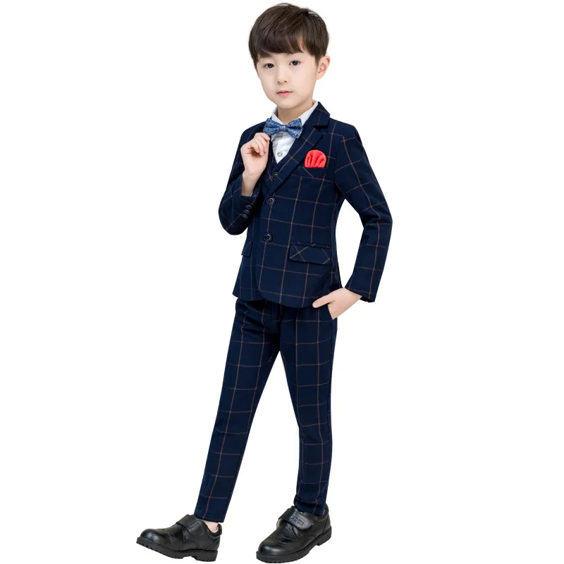 

2019 Kids Plaid Wedding Blazer Suit Brand Flower Boys Formal Piano Performance Tuxedos Kids Spring School Suit Clothing Set L9