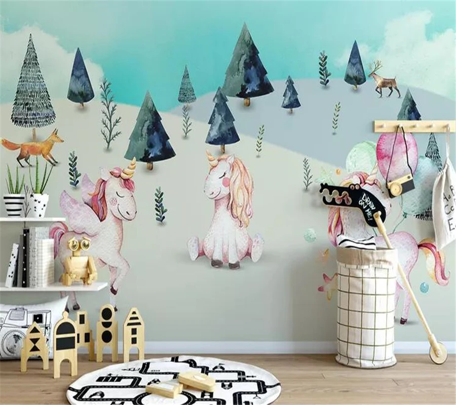 

wellyu papel de parede para quarto Custom wallpaper Nordic minimalist animal forest unicorn hand painted children's wall 3d