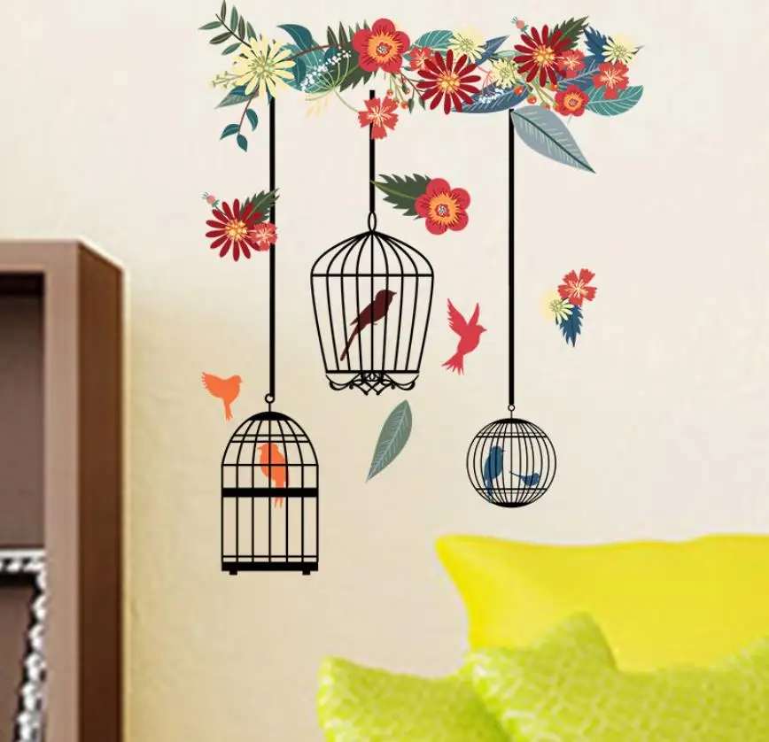 

Colorful Flower Birdcage Wall Stickers for Living Room Bedroom Home Decoration Wall Decals Large Murals Art Poster PVC