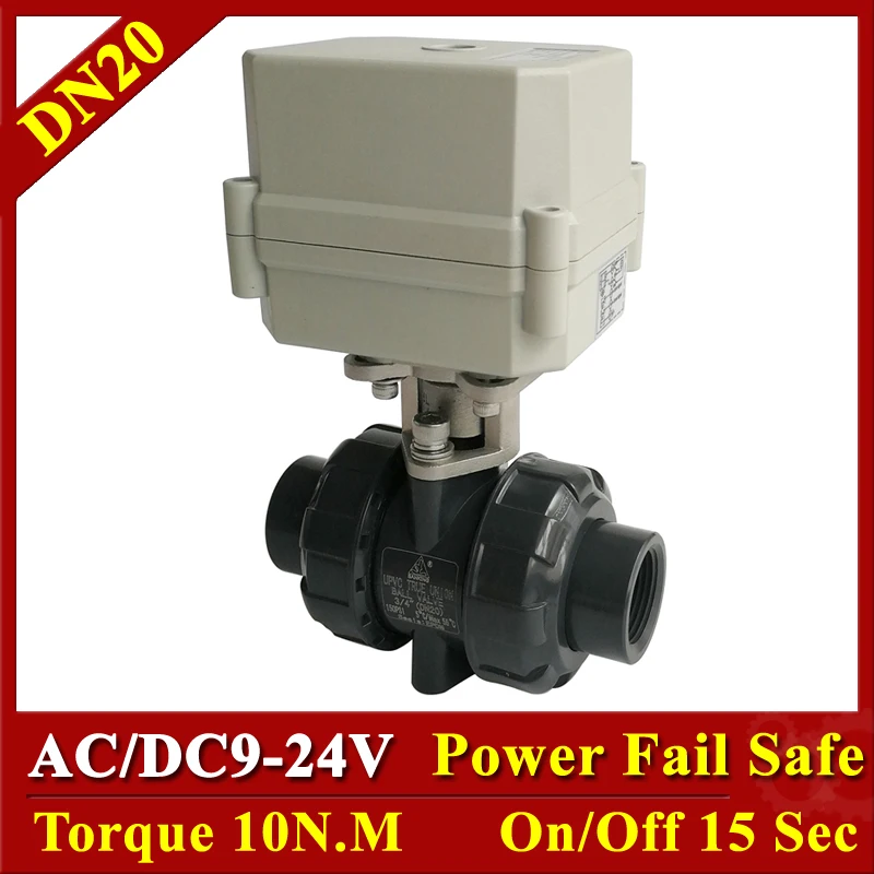 

3/4'' 2 Way True Union End Plastic DN20 9-24V Power failure reture Motorized Ball Valve 2/5 Wires with signal feedback CE