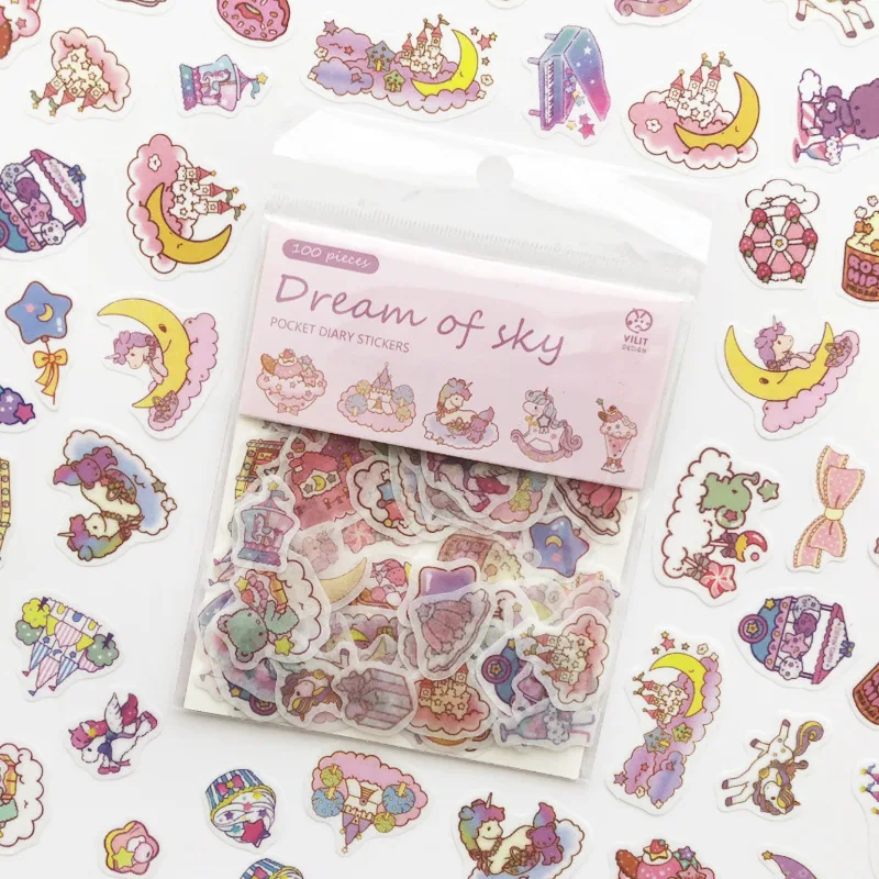 100pcs/pack Kawaii Unicorn Face Cat leaves Decorative Washi Stickers Scrapbooking Stick Label Diary Stationery Album Stickers