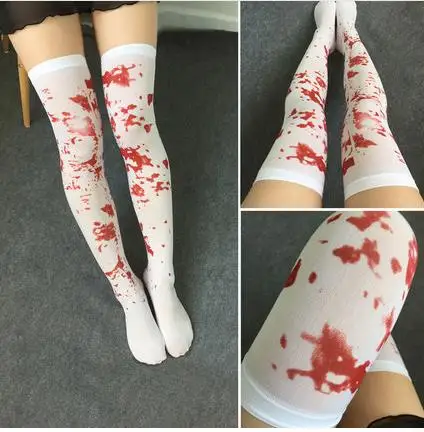 50pairs Blood Stained Zombie Stockings Tights Cosplay Nurse Fancy Dress Skeleton Stain Hosiery Thigh Long Socks Festive Props