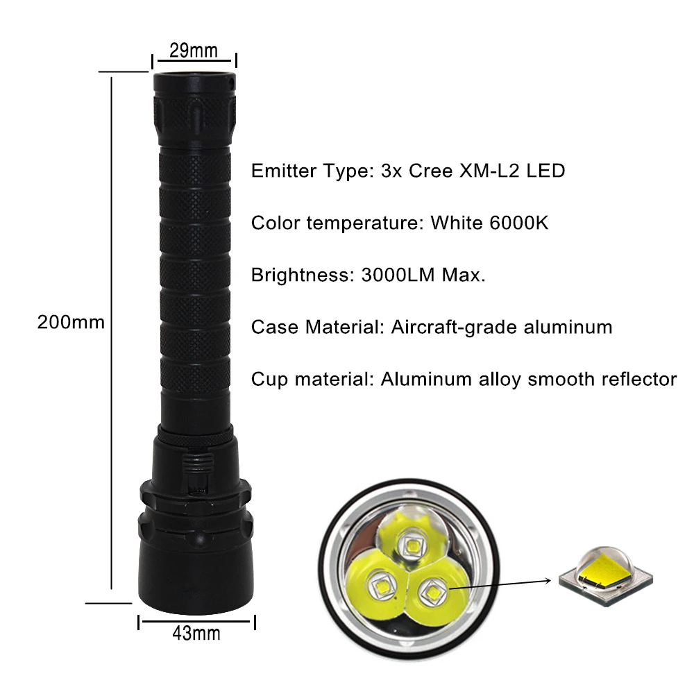 Underwater spearfishing light diving flashlight dive torch  XM-L2 LED Waterproof lanterna + 18650 PCB battery + charger