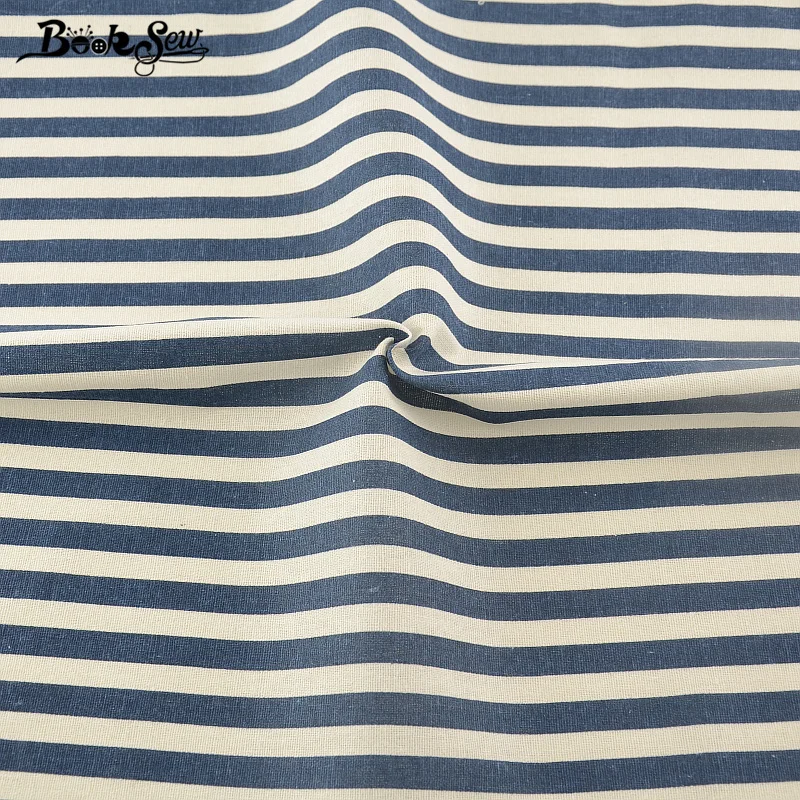 Booksew Dark Blue Strip Cotton Linen Fabric  Tissu For Bag Table Cloth Curtain Decoration Zakka Sewing Material Home Textile