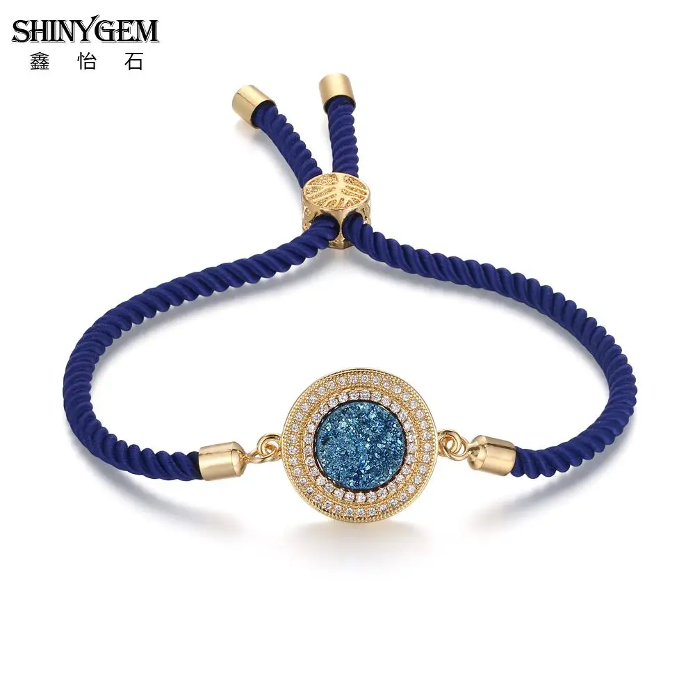 

ShinyGem Handmade DIY Adjustable Yoga Bracelet Colorful Braid Rope Matching Big Round CZ Crystal Druzy Charm Bracelets For Women