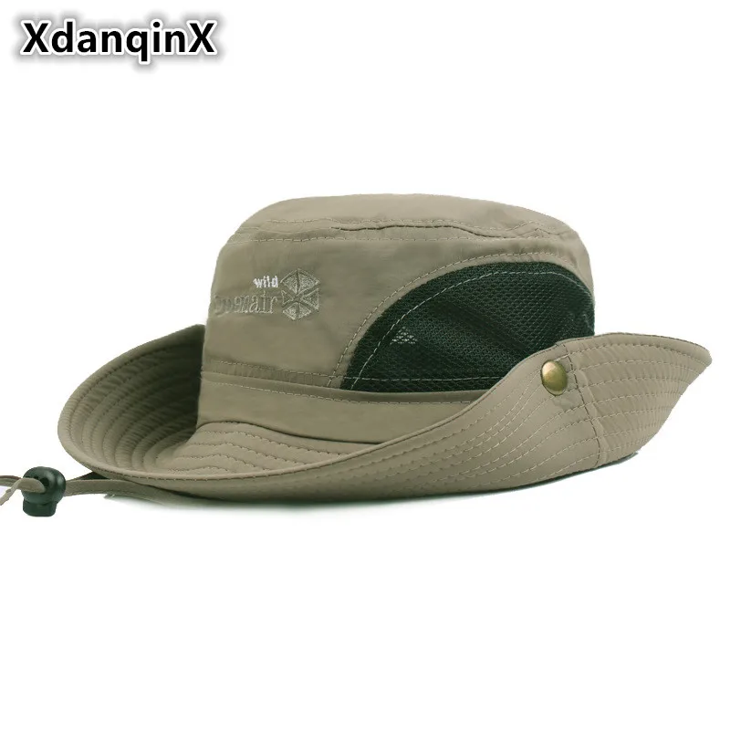 

XdanqinX Summer Adult Men's Casual Mesh Breathable Bucket Hat Adjustable Size Wind Rope Fixed Panama Couples Fishing Cap