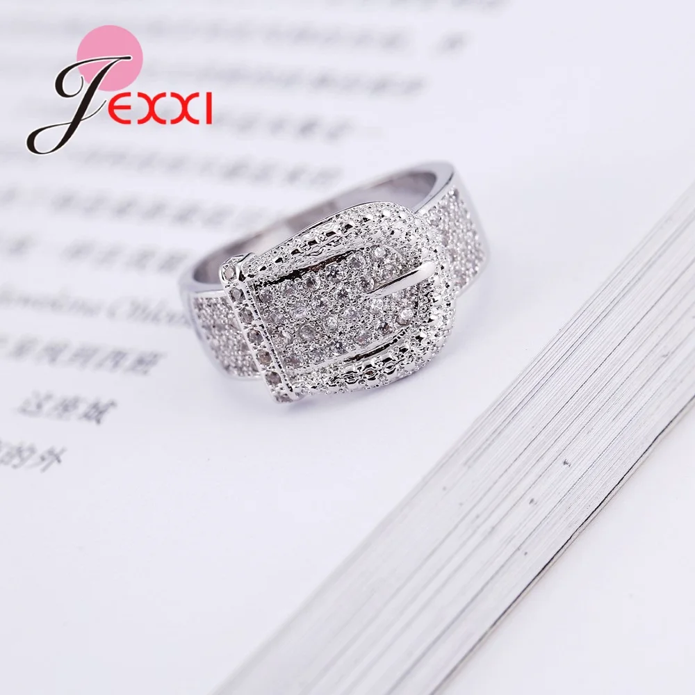 Unique Belt Shape Design Micro Pave Rhinestones Wide 925 Sterling Silver Band Rings For Women Wedding Anniversary