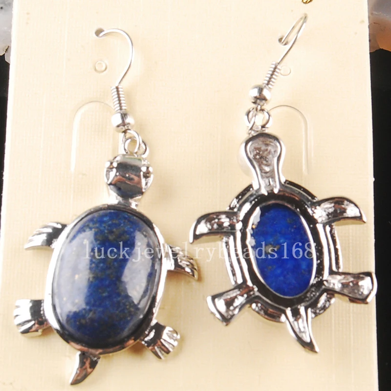 Fashion Jewelry 22x32mm Beatiful Natural Lapis Lazuli Turtle Art Earrings 1Pair C3610