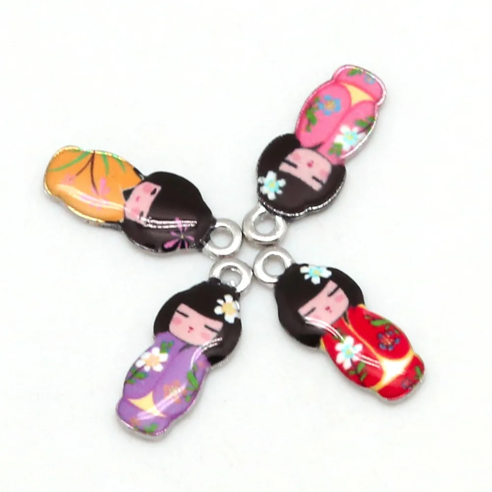 10 pçs 8x21mm colares pingente japonês boneca esmalte encantos pingente diy pulseira brincos moda jóias descobertas