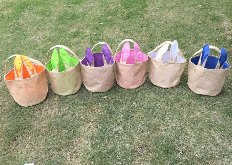 

100pcs/lot free shipping bunny ear burlap easter tote jute easter bunny buckets with bunny ears easter baskets easter bag