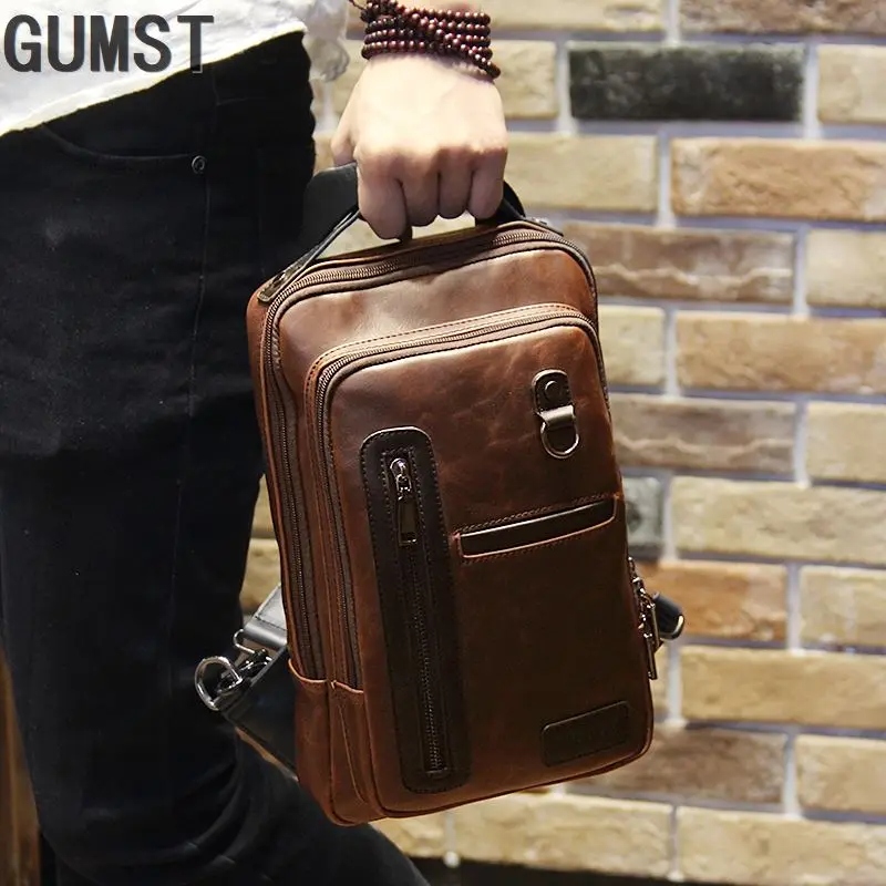 Crazy Horse PU Leather Men Backpack Vintage Male Students School Bags Fashion Man One Shoulder Backpack Chest Bags Brown Vintage