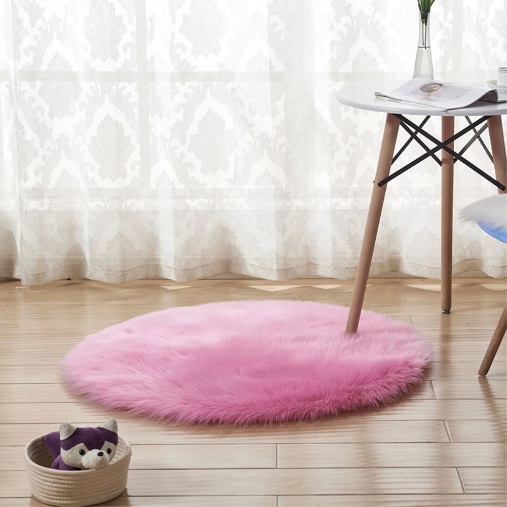 RAYUAN Artificial Wool Carpet Round Rose Red Sheepskin Hairy Carpets Faux Mat Fur Plain Fluffy Soft Area Rug Tapetes 30-140CM