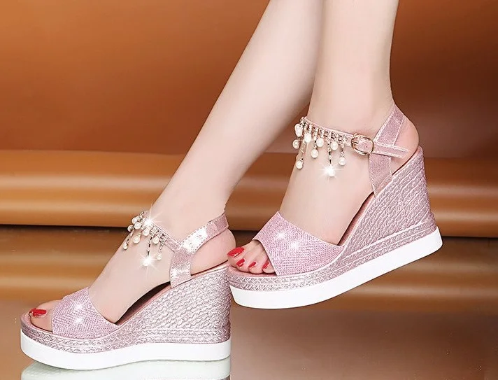 2019 moda kliny buty dla kobiet sandały Plus rozmiar wysokie obcasy letnie buty sandały z diamentami Femme sandały na platformie