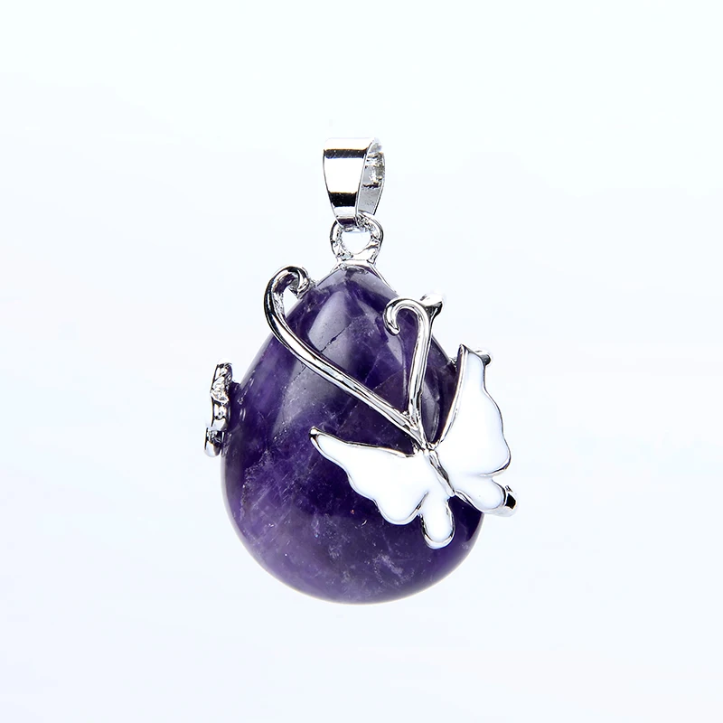 New Natural Stone Amethysts Rose Pink Quartz Opal Water Drop Beads Enamel Butterfly Inlay Pendant for Women Necklaces Jewelry