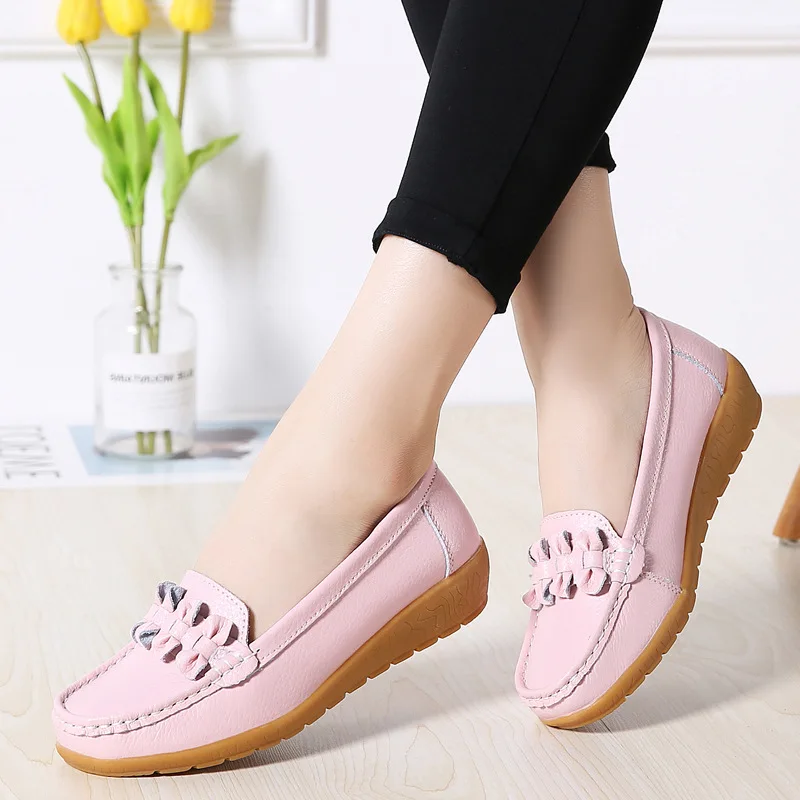 WOIZGIC Women Ladies Female Mother Genuine Leather Shoes Flats Loafers Slip On Breathable Soft Bow Plus Size 41 42 JTS-169