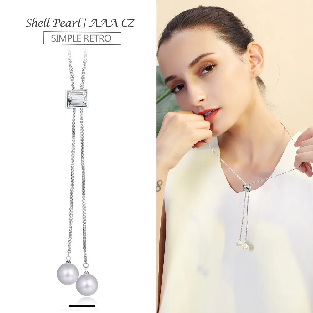 Hongye New Pearl Necklace Silver Color Metal Adjustable Collares Women Jewelry CZ Pendants Long Neck Chains For Party