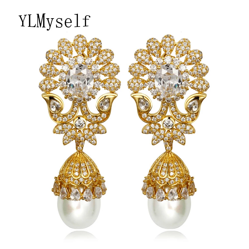 

Luxury Pearl Big Earrings Bridal Crystal Wedding Party Fashion Jewelry Large Brinco Em Ouro for Women