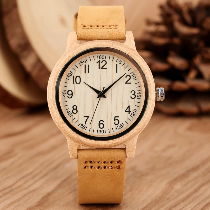 Natural Bamboo Wooden Watches Ladies Watch Female Precise Scale Wood Wristwatch Slim Leather Band Quartz Watches for Women Girls