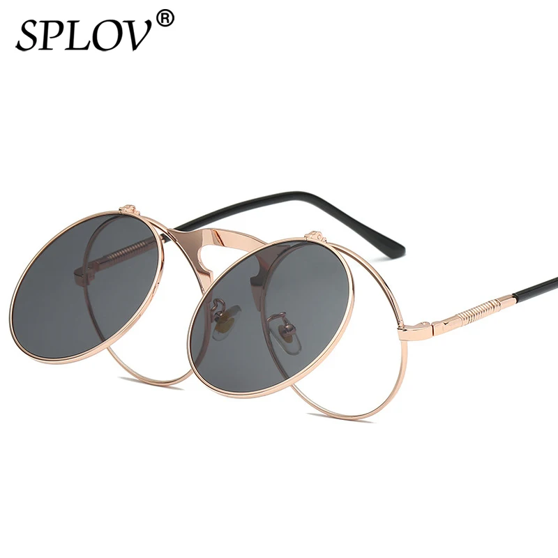 SPLOV Vintage Steampunk Flip Up Men Sunglasses Women Retro Round Metal Frame Sun Glasses Hinge Design Curved Glasses Legs UV400