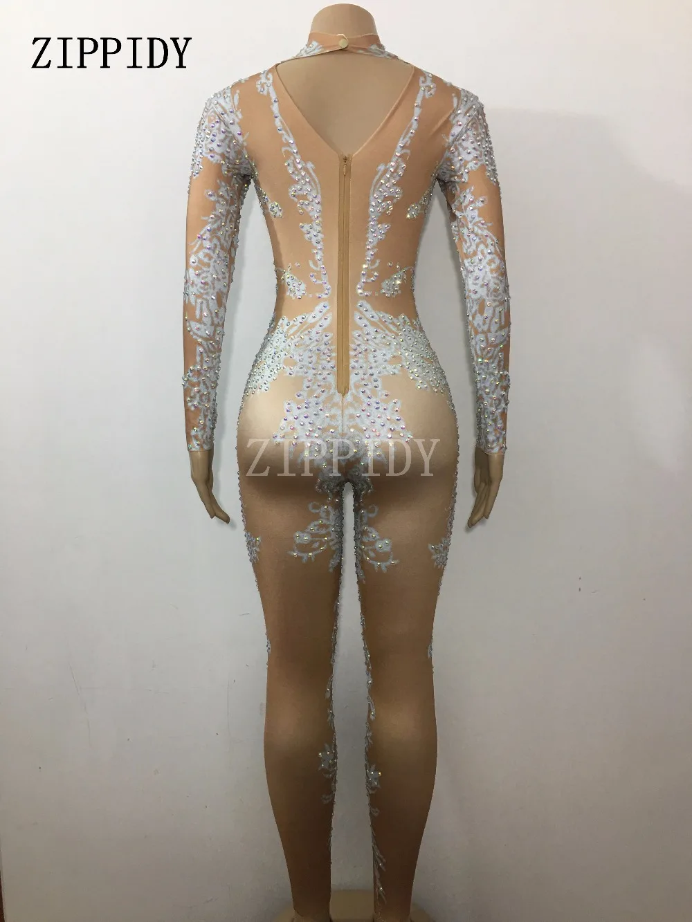 AB Rhinestones Sparkly Jumpsuit Fashion Sexy Nude Big Stretch Dance Costume One-piece Bodysuit Birthday Outfit Party Leggings