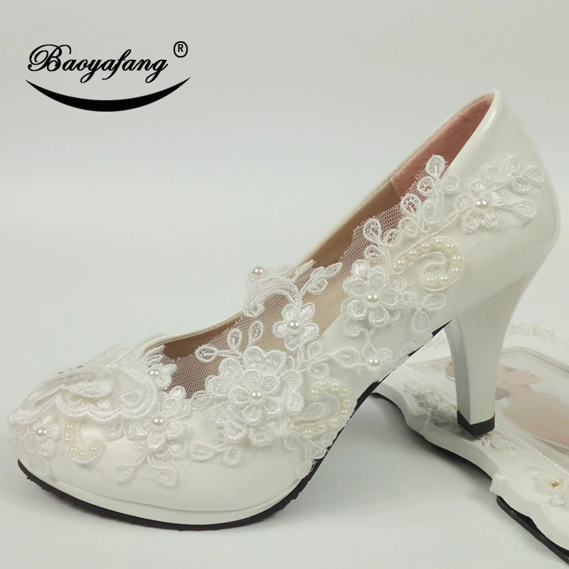 BaoYaFang 2019 New arrival Women wedding shoes Bride White lace party dress shoes lace pearl Bridesmaid round toe patent leather