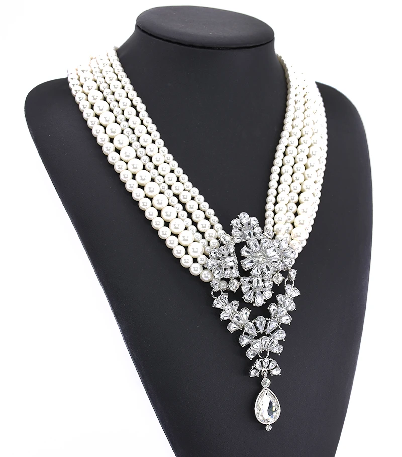 Elegant Layered Simulated Pearl Long Necklaces Rhinestone Flower Statement Women Handmade Collar Choker New Maxi Jewelry