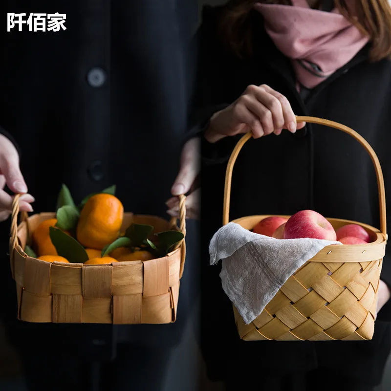 

Natural Fir Sheet Handmade Wood Woven Baskets Fruit Bread Egg Food Basket Camping Snacks Container Kitchen Storage Holder