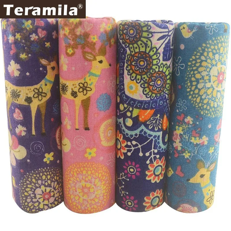 Teramila Canvas Cotton Linen Fabric Sika Deer Design DIY Cushion Curtains Burlap Tablecloth 4 PCS 45x45cm Home Decoration Telas