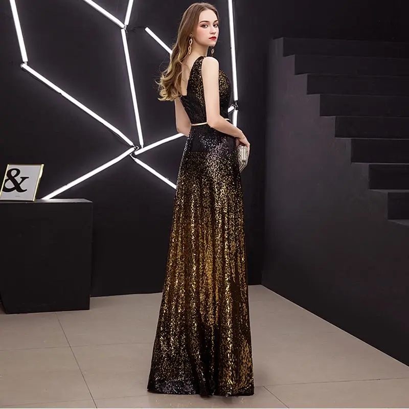 FADISTEE New Vestido De Festa Sweet Long Evening Dress Bride Party sleevesless sequins Prom Dresses gold black slit neck 2019