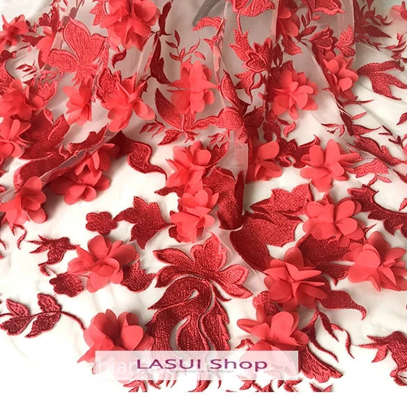 LASUI 2019 NEW 1 yard FOR Wedding dress skirt decorative cloth X0543 High quality RED 3D flower embroidered mesh lace fabric