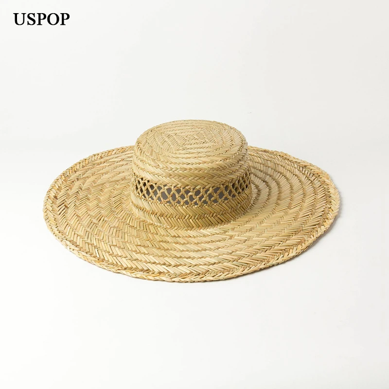 

USPOP New natural straw hats for women hand-woven hollow-out sun hats wide brim flat top beach hats