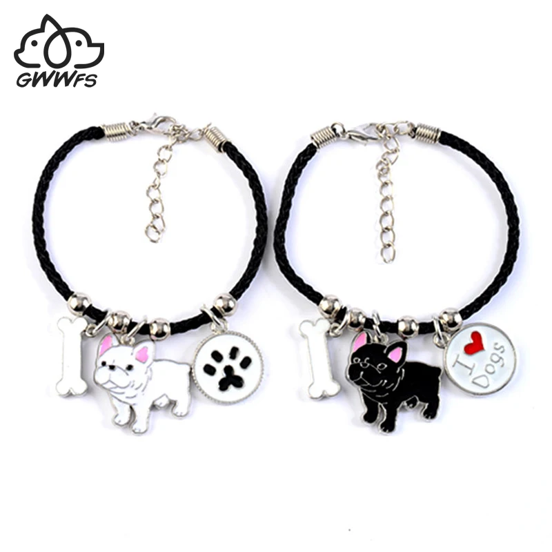 French Bulldog Charm Bracelets Bangles Women Girls Bone love Dog Pendant Rope Chain Bracelet Jewelry Best friend\'s gift