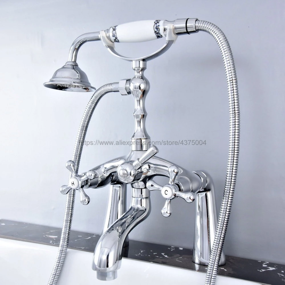 Chrome Bathtub Faucet Shower Faucet Dual Cross Handle Hand shower Mixer Tap Deck Mounted Bath Shower Set Mixer Faucet Ntf756