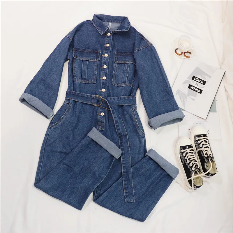 Casual Blue Denim Romper Jumpsuits Women Solid One Piece Long Sleeve Bodysuit Femme Jean Overalls with Sashes Plus Size Playsuit