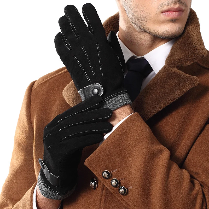 Men Genuine Leather Gloves Male Fashion Trend Autumn Winter Plush Lined Black Suede Sheepskin Touch Gloves 9006