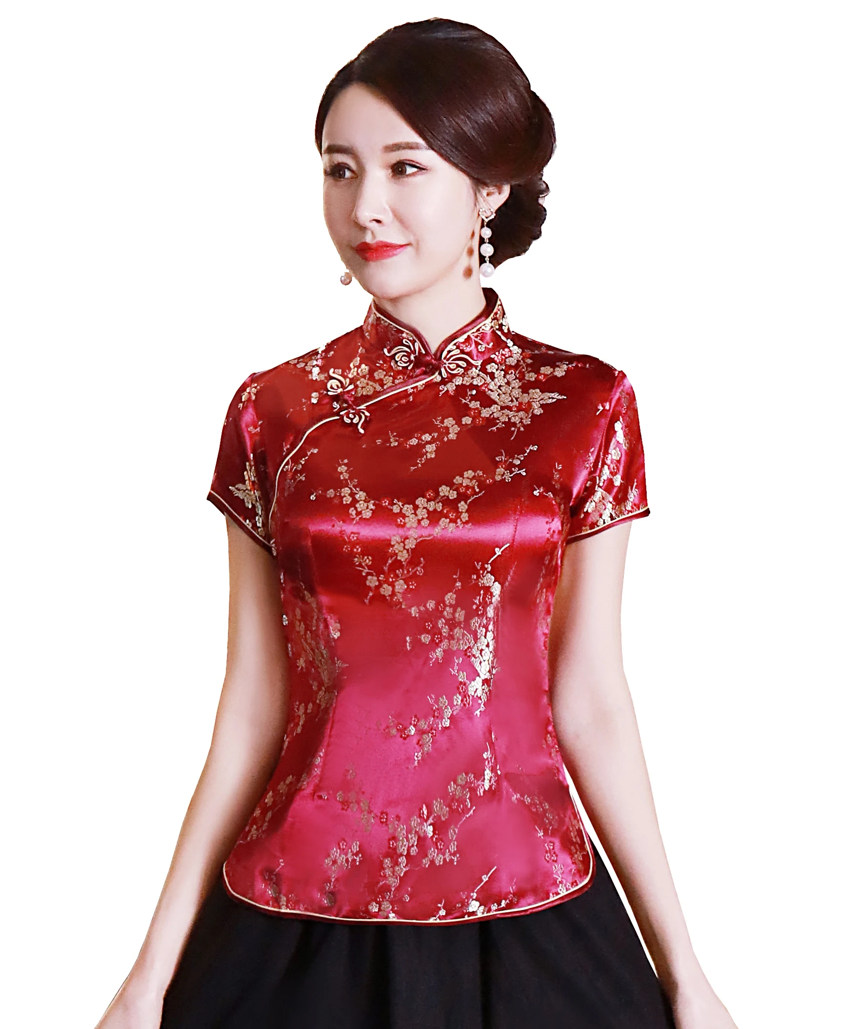 Shanghai Story Short Cheongsam top traditional Chinese Faux Silk/Satin Top dragon and phoenix Embroidery blouse top Qipao Shirt