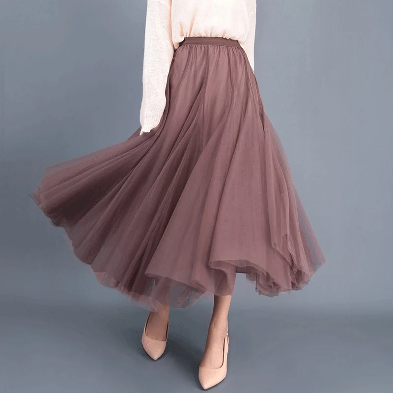 Ohryiyie Beige Maxi Lange Rok Lente Herfst Womens 2023 Nieuwe Zomer Tule Rok Party Mesh A-Line Rokken Vrouwelijke Jupe Longue