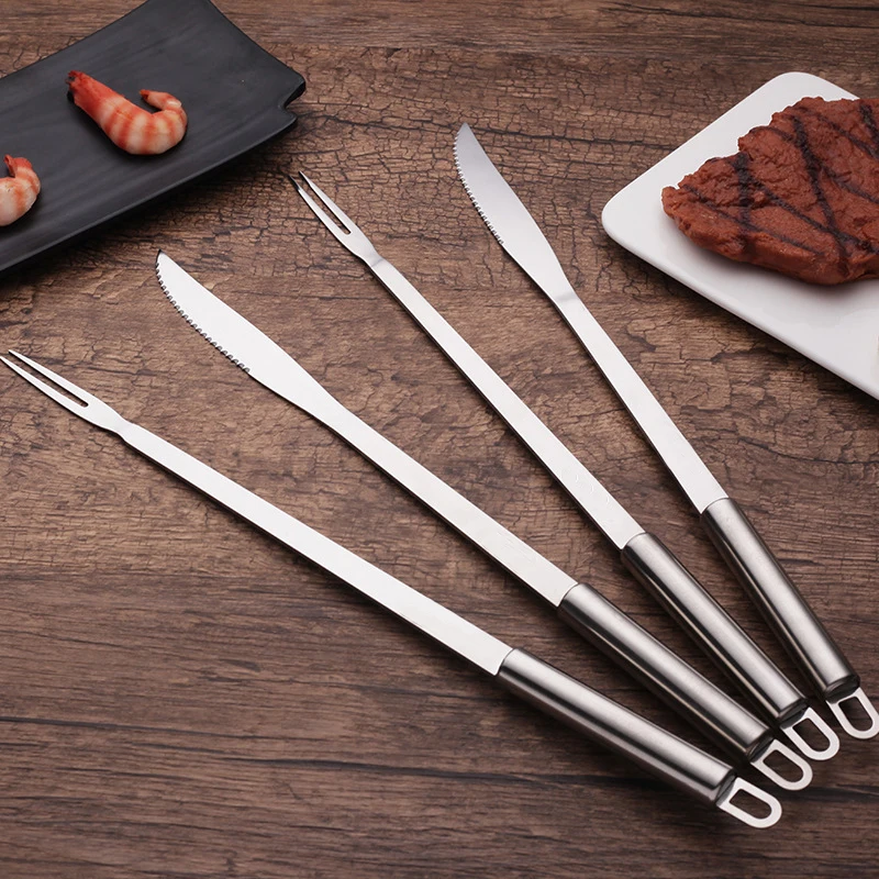 Stainless Steel BBQ Fork and Knife, Round Head Cookware Set, Camping, Lengthen BBQ Tableware, Grill Roast Lamp Forks, BBQ Tools