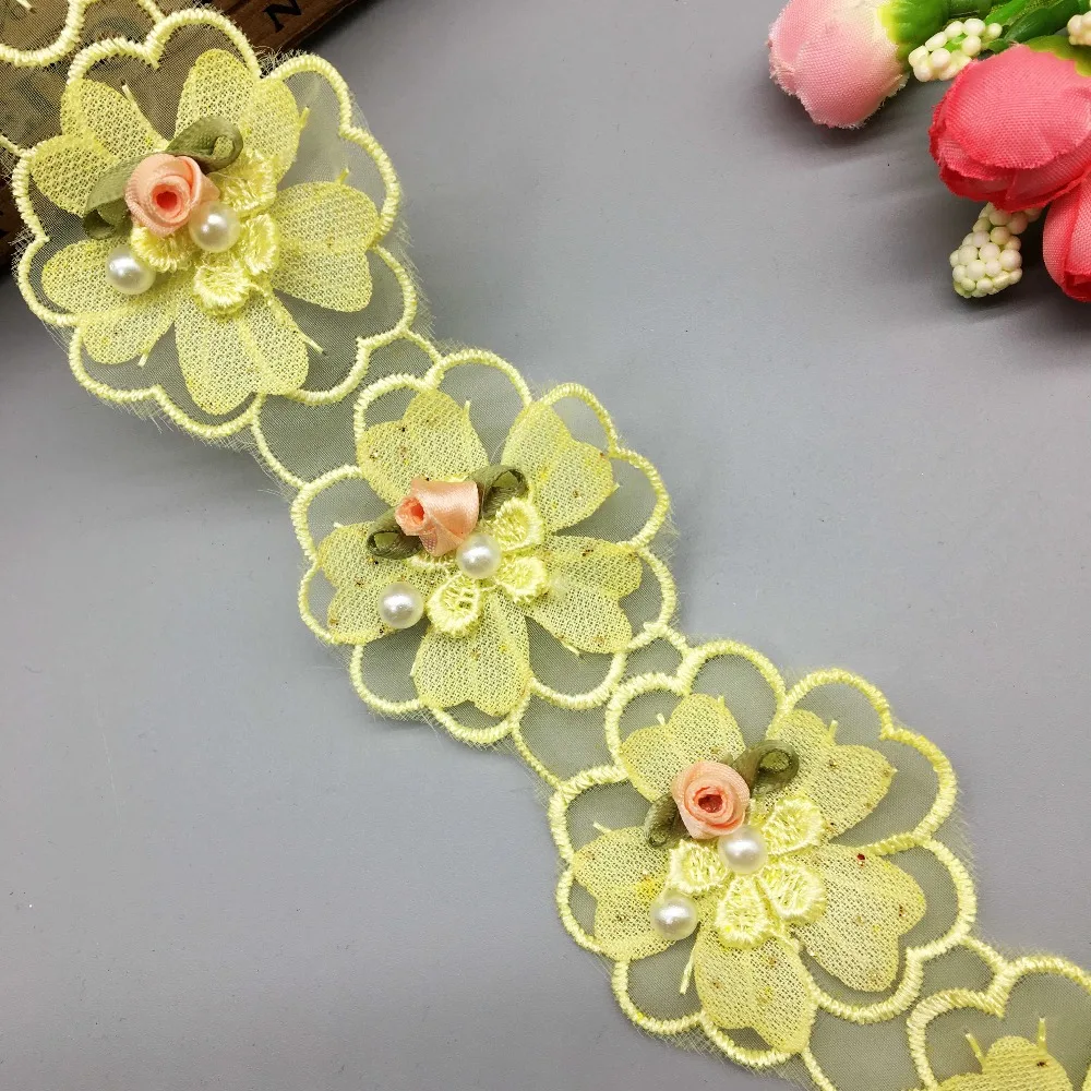 

1 Yard Yellow Rose Flower Vintage Wedding Handmade Lace Trim Fabric Applique Embroidered Trimmings For Costume Hat Decoration