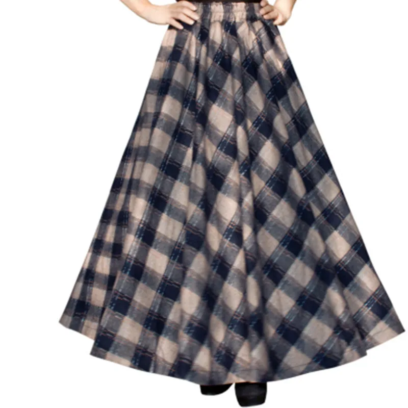 TIYIHAILEY-Women's Long Maxi Thick A-line Skirts, Elastic Waist, Plaid Woolen Skirts, Warm with Pocket, Winter, New