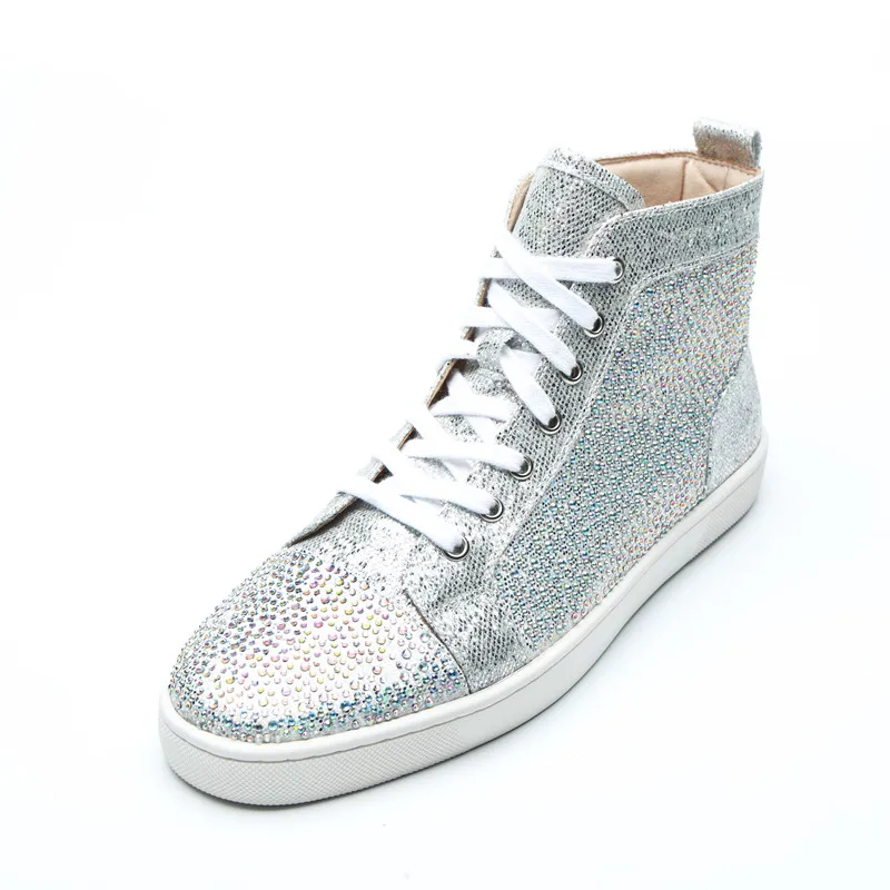 Men Casual Shoes High Top Sneakers Shiny Crystal Sneaker Lace-up Silver Glitter Flat Rhineston Walking Male Shoes