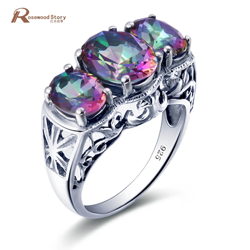 Solidna 925 srebro pierścionek koktajlowy Rainbow Mystic owalny Topaz kryształowy pierścionek z kamienia urok moda kobiety Wedding Party biżuteria
