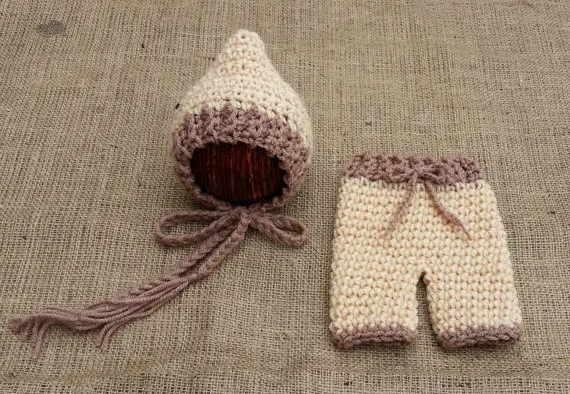 

0-3 month Infant Newborn Knit Costume Photography Prop elves Crochet Hat+ Pants 2pcs baby boys set beige