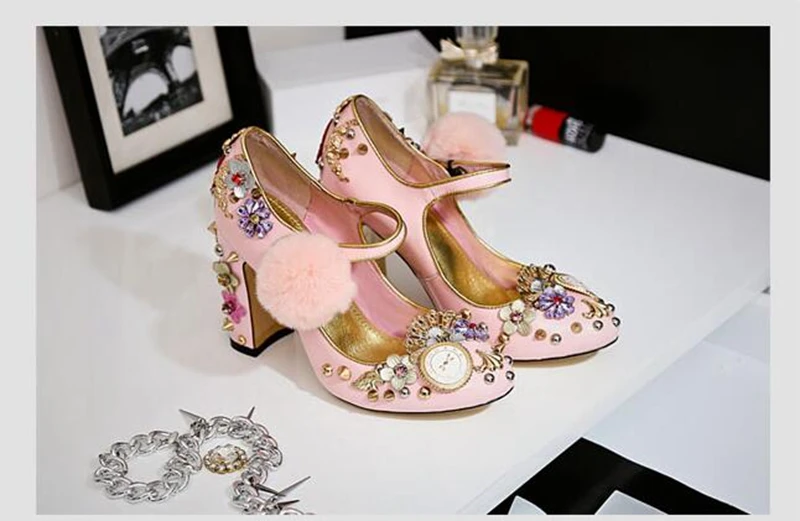 Carpaton 2018 Spring Patent Leather Pink Hairball Super high heels Fashion Watch Flower Crystal Rivets Golden Insole Women Shoes