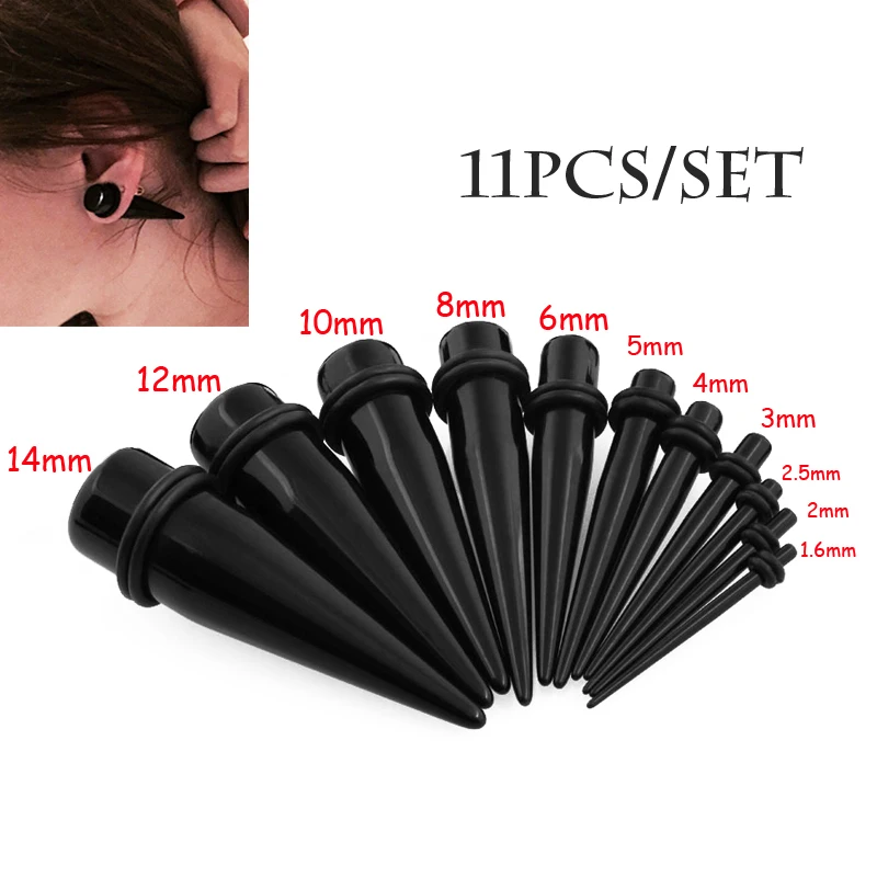 11PCS/Lot Black Acrylic Ear Tapers Stretching Kits Piercing Expander Stretchers Plugs Tunnels Piercings expansores de la oreja